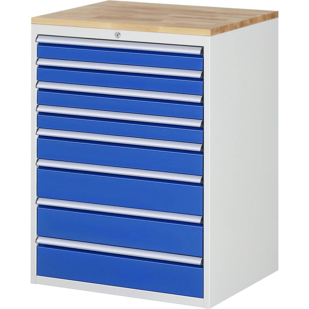 Imagen del producto: Armario con cajones RAU serie 7000, HxAxF 1.035 x 770 x 650 mm, 8 cajones extraíbles al 90%, 4 x 90 mm, 1 x 120 mm, 3 x 150 mm, encimera de haya