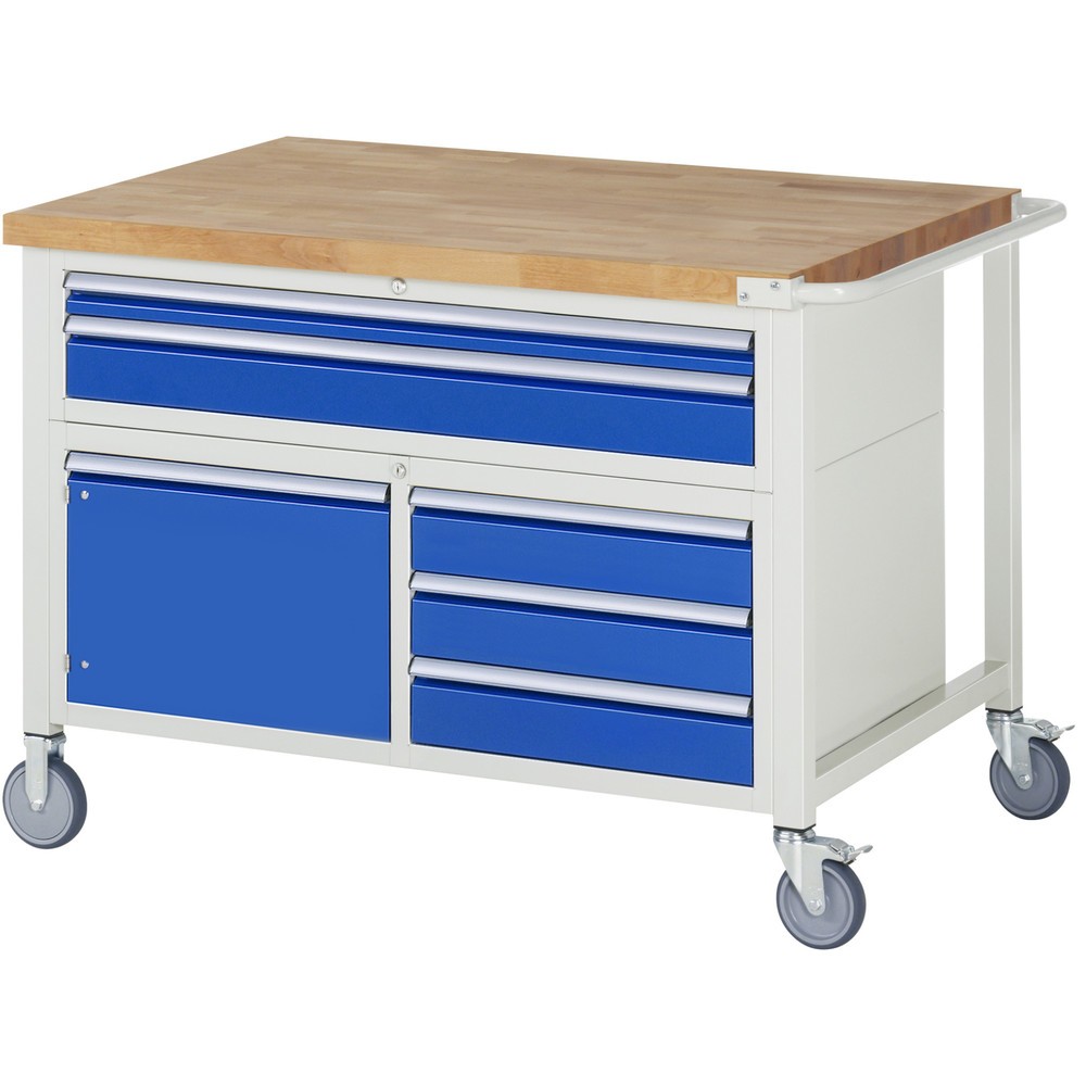 Imagen del producto: Banco de trabajo móvil RAU serie 8000, 1 contenedor triple, 1 puerta batiente HxAxF 920 x 1.250 x 900 mm, 5 cajones extraíbles al 90 %