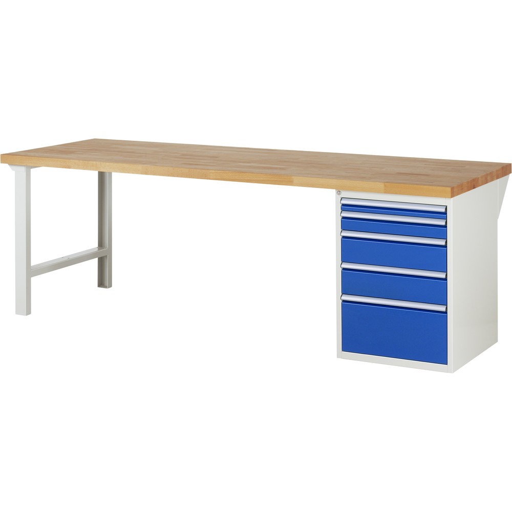 Imagen del producto: Banco de trabajo RAU serie 7000, 1 contenedor, HxAxF 890 x 2.500 x 900 mm, 5 cajones extraíbles al 90 %, 1 x 60, 1 x 90, 2 x 150, 1 x 270 mm, CC por cajón 100 kg