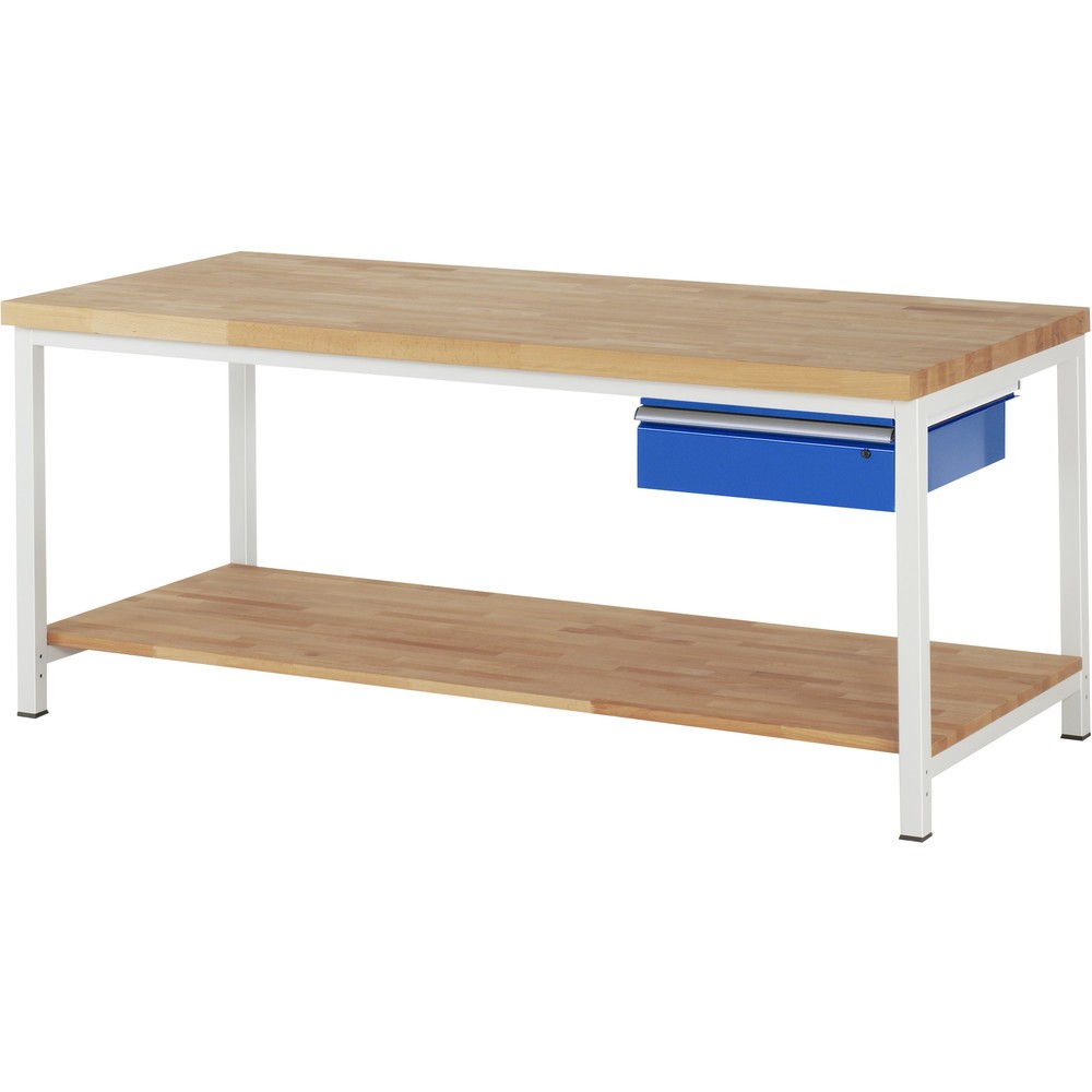 Imagen del producto: Banco de trabajo RAU, serie 8000, HxAxF 840-1.040 x 2.000 x 900 mm, 1 cajón, 1 estante inferior de haya maciza