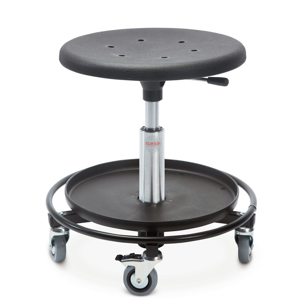 Imagen del producto: Global Stole A/S Taburete, sillín moldeado de PU Ø 480 mm, altura de asiento 380-510 mm, estribo circular con bandeja